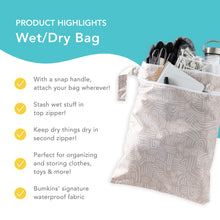 Load image into Gallery viewer, Bumkins Wet/Dry Bag highlights—snap handle, wet stuff in top zipper, dry things in second zipper, Bumkins' signature waterproof fabric.