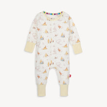 Load image into Gallery viewer, Magnetic Mes Magnetic, Coverall Moments w/Friends: white baby onesie with animal prints & yellow cuffs in eco-friendly TENCEL™ modal.