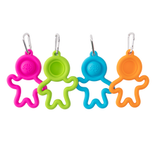 Load image into Gallery viewer, Lil Dimpl Keychain by Fat Brain Toy Co has four silicone holders with hooks in pink, green, blue, and orange resembling stick figures!.
