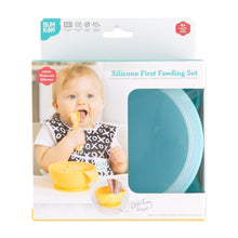 Load image into Gallery viewer, Bumkins Silicone First Feeding Set: Blue is shown in a white packaging box, with a clear window partially showing the bowl.