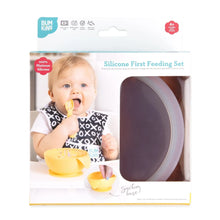Load image into Gallery viewer, Bumkins Silicone First Feeding Set: Clay is shown in a white packaging box, with a clear window partially showing the bowl.