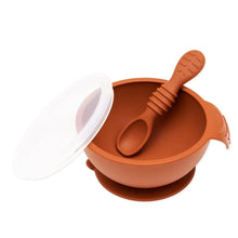 Load image into Gallery viewer, Bumkins Silicone First Feeding Set: Clay includes a bowl with suction bottom, a matching spoon, and a transparent lid.