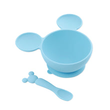 Load image into Gallery viewer, Bumkins Silicone First Feeding Set: Mickey Mouse Light Blue includes a light blue Mickey Mouse-shaped silicone bowl and matching spoon.