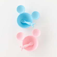 Load image into Gallery viewer, Bumkins Silicone First Feeding Set: Mickey Mouse Light Blue is shown sitting above a similar bowl on a white background.