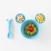 Load image into Gallery viewer, Bumkins Silicone First Feeding Set: Mickey Mouse Light Blue filled with chicken, corn, and mashed avocado on a white background.