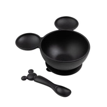 Load image into Gallery viewer, Bumkins Silicone First Feeding Set: Mickey Mouse Classic Black includes a black Mickey Mouse-shaped silicone bowl and matching spoon.