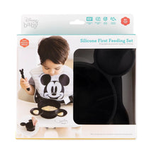 Load image into Gallery viewer, Bumkins Silicone First Feeding Set: Mickey Mouse Classic Black is shown in a packaging box, with a clear window partially showing the bowl.