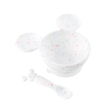 Load image into Gallery viewer, Bumkins Silicone First Feeding Set: Mickey Mouse Vanilla Sprinkle includes a confetti Mickey Mouse-shaped silicone bowl and matching spoon.