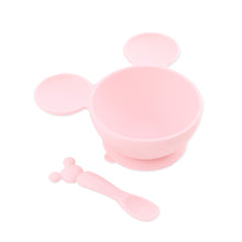 Load image into Gallery viewer, Bumkins Silicone First Feeding Set: Minnie Mouse Light Pink includes a light pink Minnie Mouse-shaped silicone bowl and matching spoon.