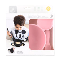 Load image into Gallery viewer, Bumkins Silicone First Feeding Set: Minnie Mouse Light Pink is shown in a white packaging box, with a clear window partially showing the bowl.