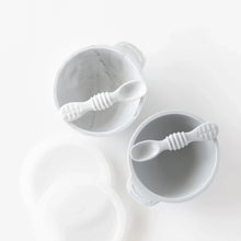 Load image into Gallery viewer, Bumkins Silicone First Feeding Set: Gray sits by another bowl and spoon set on a white background.