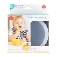 Load image into Gallery viewer, Bumkins Silicone First Feeding Set: Gray is shown in a white packaging box, with a clear window partially showing the bowl.