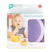 Load image into Gallery viewer, Bumkins Silicone First Feeding Set: Lavender is shown in a white packaging box, with a clear window partially showing the bowl.