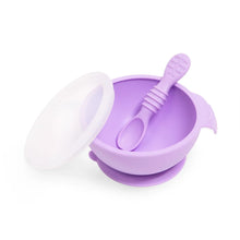Load image into Gallery viewer, Bumkins Silicone First Feeding Set: Lavender includes a bowl with suction bottom, a matching spoon, and a transparent lid.