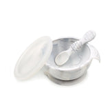 Bumkins Silicone First Feeding Set: Marble includes a bowl with suction bottom, a matching spoon, and a transparent lid.