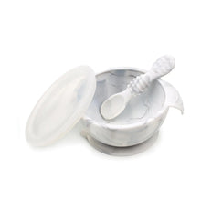 Load image into Gallery viewer, Bumkins Silicone First Feeding Set: Marble includes a bowl with suction bottom, a matching spoon, and a transparent lid.