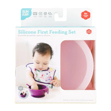 Load image into Gallery viewer, Bumkins Silicone First Feeding Set: Pink is shown in a white packaging box, with a clear window partially showing the bowl.