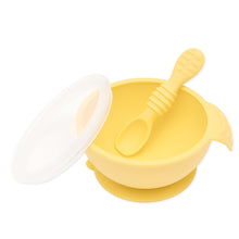 Load image into Gallery viewer, Bumkins Silicone First Feeding Set: Pineapple includes a bowl with suction bottom, a matching spoon, and a transparent lid.