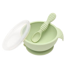 Load image into Gallery viewer, Bumkins Silicone First Feeding Set: Sage includes a bowl with suction bottom, a matching spoon, and a transparent lid.