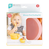 Bumkins Silicone First Feeding Set: Tangerine is shown in a white packaging box, with a clear window partially showing the bowl.