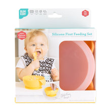 Load image into Gallery viewer, Bumkins Silicone First Feeding Set: Tangerine is shown in a white packaging box, with a clear window partially showing the bowl.