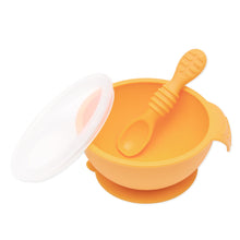 Load image into Gallery viewer, Bumkins Silicone First Feeding Set: Tangerine includes a bowl with suction bottom, a matching spoon, and a transparent lid.