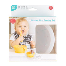 Load image into Gallery viewer, Bumkins Silicone First Feeding Set: Vanilla Sprinkle is shown in a white packaging box, with a clear window partially showing the bowl.