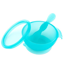Load image into Gallery viewer, Bumkins Silicone First Feeding Set: Blue Jelly includes a bowl with a spill-proof suction base., lid, and spoon, made of LFGB-grade silicone.