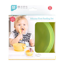 Load image into Gallery viewer, Bumkins Silicone First Feeding Set: Green Jelly is shown in a white packaging box, with a clear window partially showing the bowl.