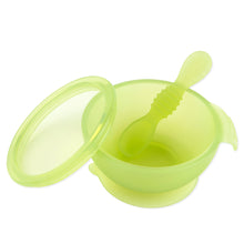 Load image into Gallery viewer, Bumkins Silicone First Feeding Set: Green Jelly, made from LFGB-grade silicone, includes a lid and spoon, ideal for self-feeding babies.