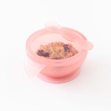 Load image into Gallery viewer, Bumkins Silicone First Feeding Set: Pink Jelly sits on a white background, filled with oatmeal and berries.