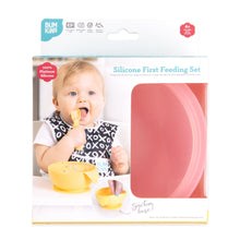 Load image into Gallery viewer, Bumkins Silicone First Feeding Set: Pink Jelly is shown in a white packaging box, with a clear window partially showing the bowl.