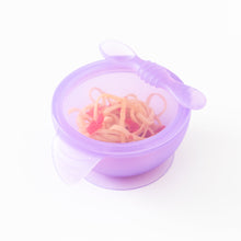 Load image into Gallery viewer, Bumkins Silicone First Feeding Set: Purple Jelly holds spaghetti and tomatoes on a white background.