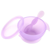 Load image into Gallery viewer, Bumkins Silicone First Feeding Set: Purple Jelly, made from LFGB-grade silicone, includes a bowl with a suction base, spoon, and lid.