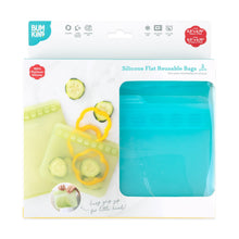 Load image into Gallery viewer, Bumkins Silicone Flat Reusable Bag 2 Pack, Sage is shown in a white packaging box with a clear front window partially displaying the bags.