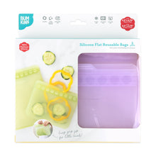 Load image into Gallery viewer, Bumkins Silicone Flat Reusable Bag 2 Pack, Lavender is shown in a white packaging box with a clear front window partially displaying the bags.