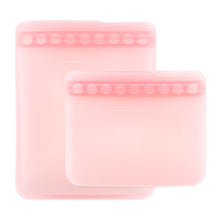 Load image into Gallery viewer, Bumkins Silicone Flat Reusable Bag 2 Pack, Pink: Translucent bags with rounded child-safe zip seals, made from food-safe platinum silicone.