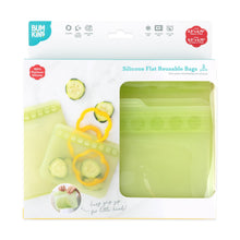 Load image into Gallery viewer, Bumkins Silicone Flat Reusable Bag 2 Pack, Sage is shown in a white packaging box with a clear front window partially displaying the bags.