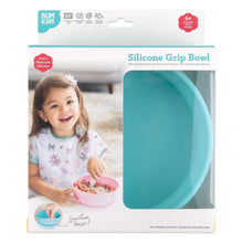 Load image into Gallery viewer, Bumkins Silicone Grip Bowl: Blue in a white packaging box with a photo of a child and a clear window partially displaying the bowl.