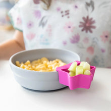 Load image into Gallery viewer, Bumkins Silicone Grip Bowl: Gray with macaroni and cheese, and a pink star-shaped dish of cucumbers sits on a white table.
