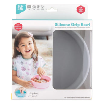 Bumkins Silicone Grip Bowl: Gray in a white packaging box with a photo of a child and a clear window partially displaying the bowl.