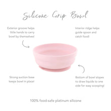 Load image into Gallery viewer, Infographic of Bumkins Silicone Grip Bowl: 100% food-safe platinum silicone, strong suction base, interior ridge, exterior groove.