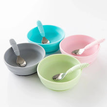 Load image into Gallery viewer, Four bowls with spoons, including Bumkins Silicone Grip Bowl: Sage, are arranged neatly on a white background.