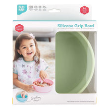 Load image into Gallery viewer, Bumkins Silicone Grip Bowl: Sage in a white packaging box with a photo of a child and a clear window partially displaying the bowl.