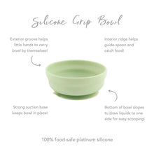 Load image into Gallery viewer, Infographic of Bumkins Silicone Grip Bowl: 100% food-safe platinum silicone, strong suction base, interior ridge, exterior groove.
