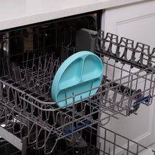 Load image into Gallery viewer, Bumkins Silicone Grip Dish: Blue sits in the top rack of an open dishwasher.