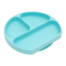 Load image into Gallery viewer, Bumkins Silicone Grip Dish: Blue is a blue round plate with 3 compartments and a suction base, made of food-safe silicone.