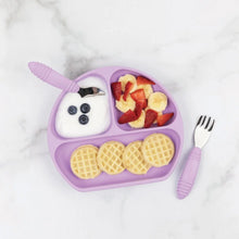 Load image into Gallery viewer, Bumkins Silicone Grip Dish: Lavender with yogurt, fruit, and waffles, and matching utensils on a marble background.