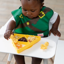 Load image into Gallery viewer, A baby in a high chair enjoys a meal from a Bumkins Silicone Grip Dish: Zelda™ Triforce with yellow utensils.