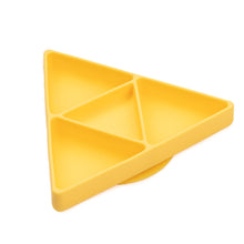 Load image into Gallery viewer, Bumkins Silicone Grip Dish: Zelda™ Triforce: a yellow triangular dish with 3 compartments, made of food-safe silicone.